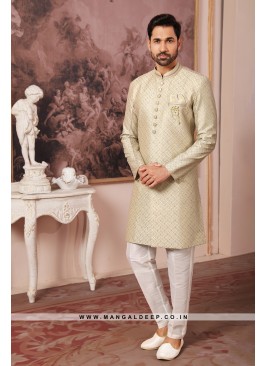 Regal Pista Art Silk Indo Western Sherwani with Si