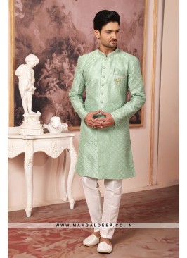 Regal Pista Art Silk Indo Western Sherwani with Silk Bottom