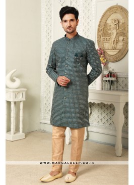 Regal Rama Green Art Silk Indo Western Sherwani with Silk Bottom