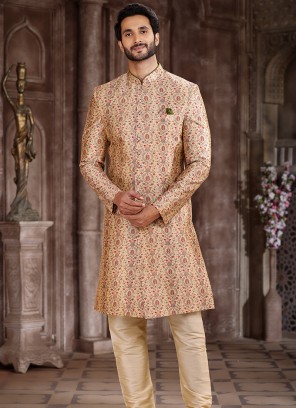 Regal Splendor Balge and Gold Art Silk Sherwani with Chudidar Bottom