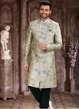 Regal Splendor Light Green and Green Art Silk Sherwani with Chudidar Bottom