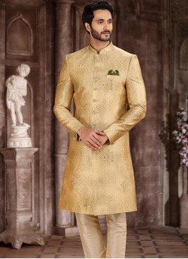 Regal Splendor Yellow and Gold Art Silk Sherwani with Chudidar Bottom