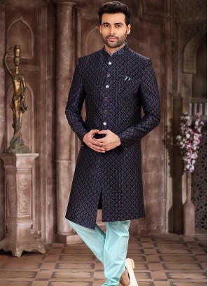 Regal Splendor Gray and Cream Art Silk Sherwani with Chudidar Bottom