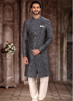 Regal Splendor Gray and Cream Art Silk Sherwani with Chudidar Bottom