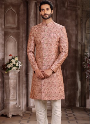 Regal Splendor Peach and Cream Art Silk Sherwani with Chudidar Bottom