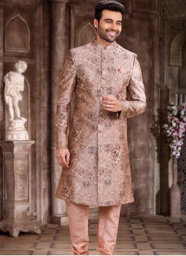 Regal Splendor Peach and Peach Art Silk Sherwani w