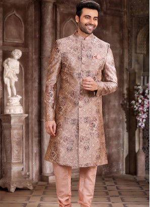 Regal Splendor Peach and Peach Art Silk Sherwani with Chudidar Bottom