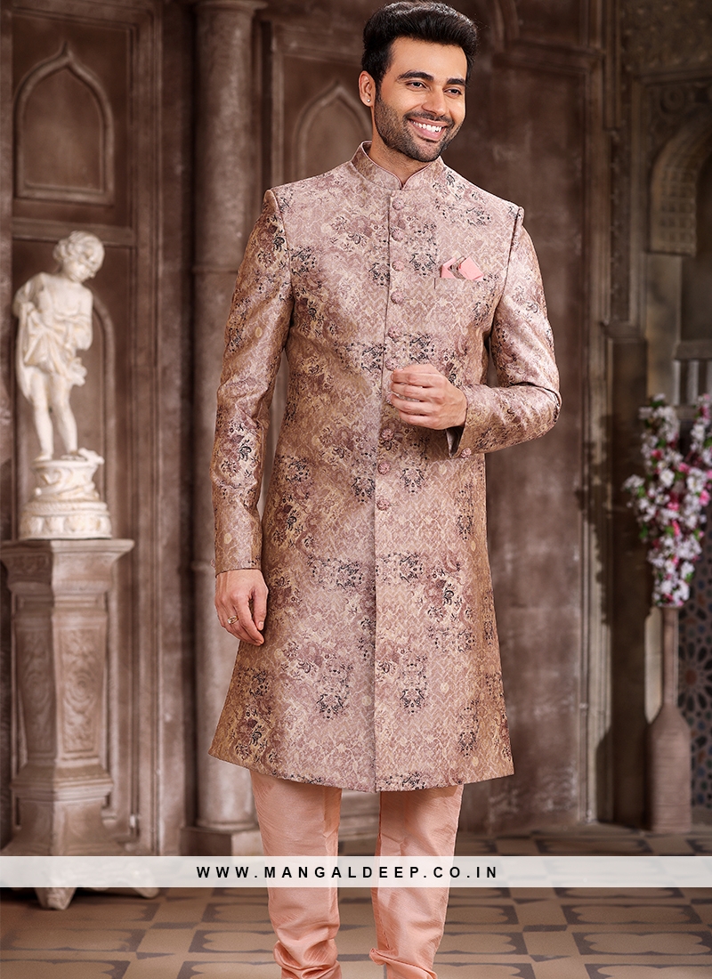 Regal Splendor Peach and Peach Art Silk Sherwani with Chudidar Bottom