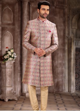 Regal Splendor Cream and Thsser Art Silk Sherwani with Chudidar Bottom