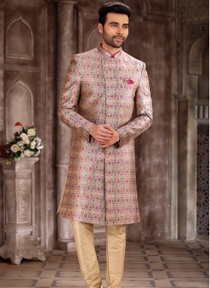 Regal Splendor Cream and Thsser Art Silk Sherwani with Chudidar Bottom