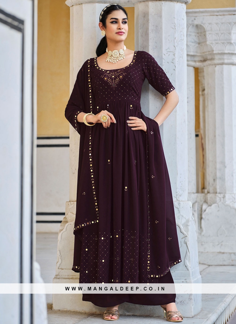 Amazing Purple Party Wear Thread Worked Faux Georgette Anarkali Suit