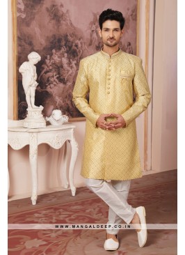 Regal Yellow Art Silk Indo Western Sherwani with Silk Bottom