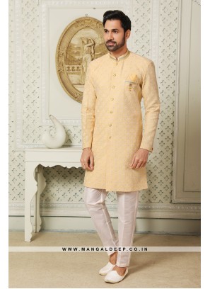 Regal Yellow Art Silk Indo Western Sherwani with Silk Bottom