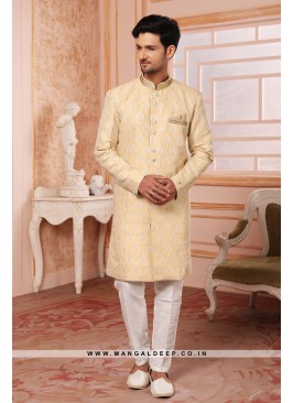 Regal Yellow Art Silk Indo Western Sherwani with S