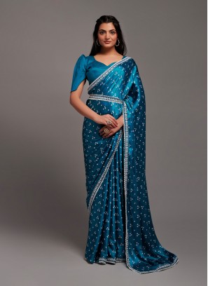 Remarkable Designer Blue Satin Classic Saree
