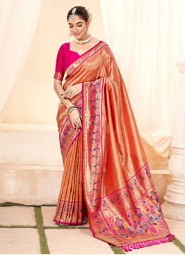 Remarkable Jacquard Work Handloom silk Peach Classic Saree