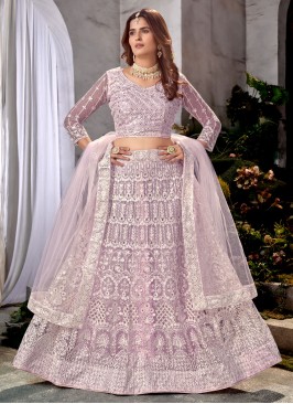 Remarkable Net Lavender Embroidered Designer Lehen