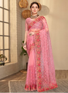 Remarkable Net Pink Resham Contemporary Saree