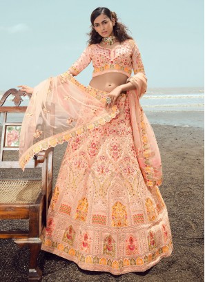 Renowned Dori Work Georgette Peach Trendy Lehenga Choli