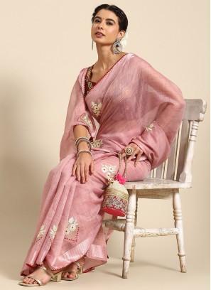 Renowned Poly Cotton Pink Embroidered Contemporary Saree