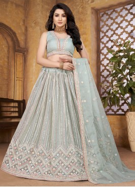Renowned Sea Green Embroidered Organza A Line Lehenga Choli