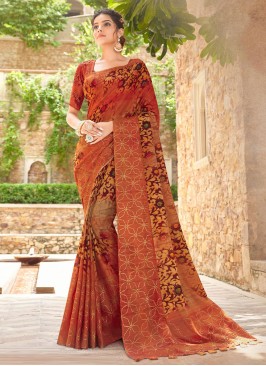 Renowned Silk Printed Rust Trendy Saree