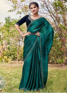 Renowned Stone Satin Silk Green Contemporary Saree