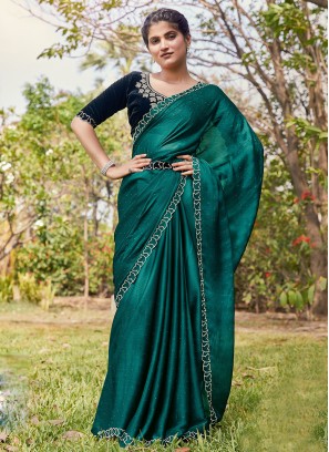 Renowned Stone Satin Silk Green Contemporary Saree
