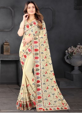 Resham Faux Georgette Designer Saree in Beige