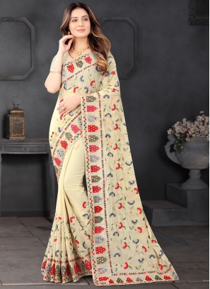 Resham Faux Georgette Designer Saree in Beige