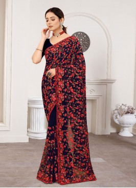 Resham Faux Georgette Designer Saree in Navy Blue