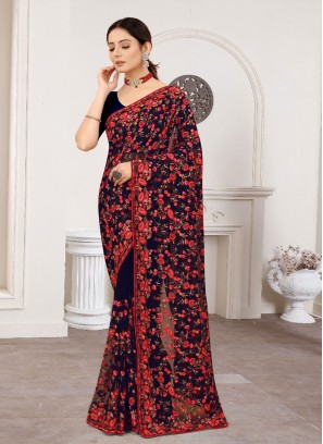 Resham Faux Georgette Designer Saree in Navy Blue