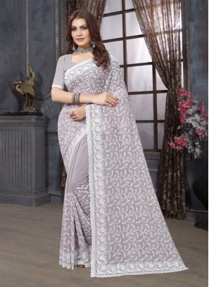 Resham Georgette Designer Saree in Purple