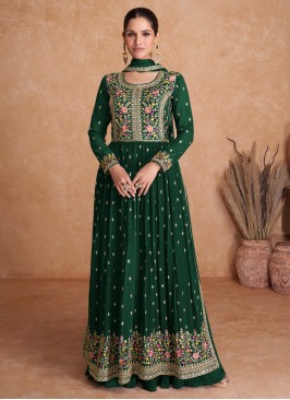 Resham Georgette Readymade Salwar Kameez in Green