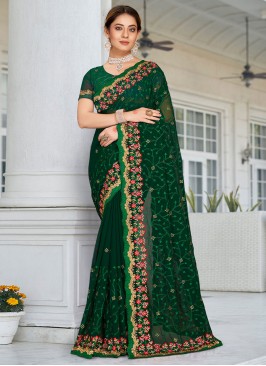 Resham Georgette Trendy Saree in Green