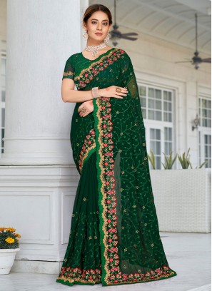 Resham Georgette Trendy Saree in Green