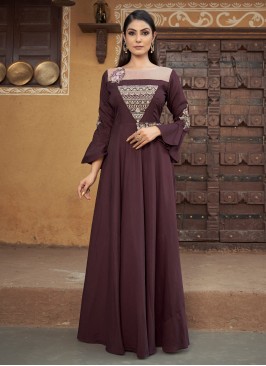 Resham Muslin Designer Gown in Wine