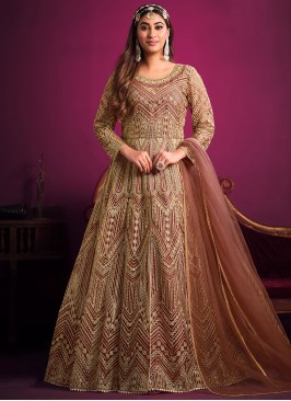 Resham Net Anarkali Salwar Kameez in Brown