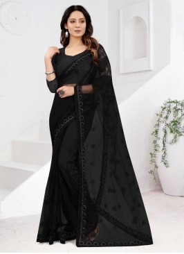Resham Net Contemporary Saree in Black