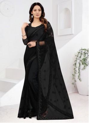 Resham Net Contemporary Saree in Black