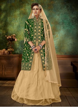 Resham Net Designer Long Lehenga Choli in Green