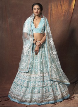 Resham Net Lehenga Choli in Blue