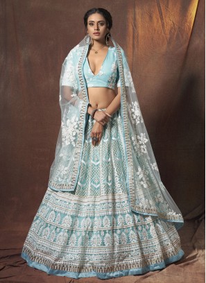 Resham Net Lehenga Choli in Blue