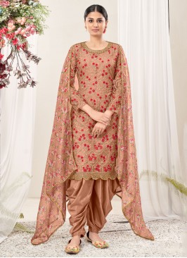 Resham Net Salwar Kameez in Peach