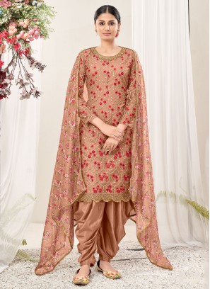 Resham Net Salwar Kameez in Peach