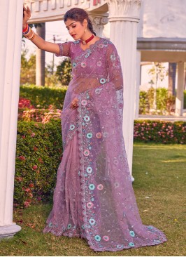 Resham Net Trendy Saree in Lavender