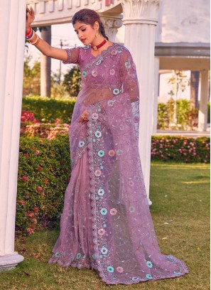 Resham Net Trendy Saree in Lavender