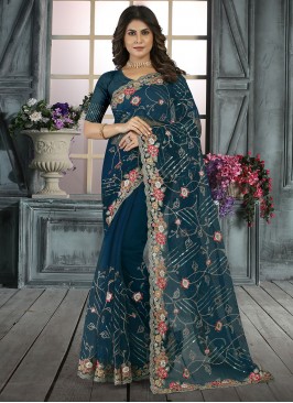 Resham Net Trendy Saree in Morpeach 