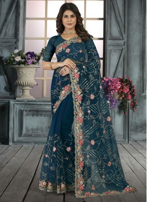 Resham Net Trendy Saree in Morpeach 