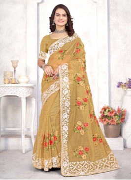 Resham Organza Contemporary Saree in Mustard